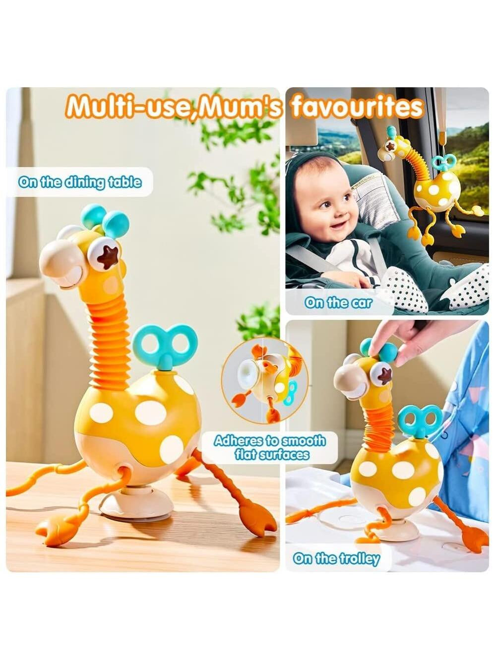 VATOS Baby Sensory Toys Montessori Safe Silicone Pull String Activity Toy Giraffe Toy with Twisting Clockwork & Neck Pop Tube for Fine Motor Skills Travel Toys for Babies Infants Toddlers 18M+