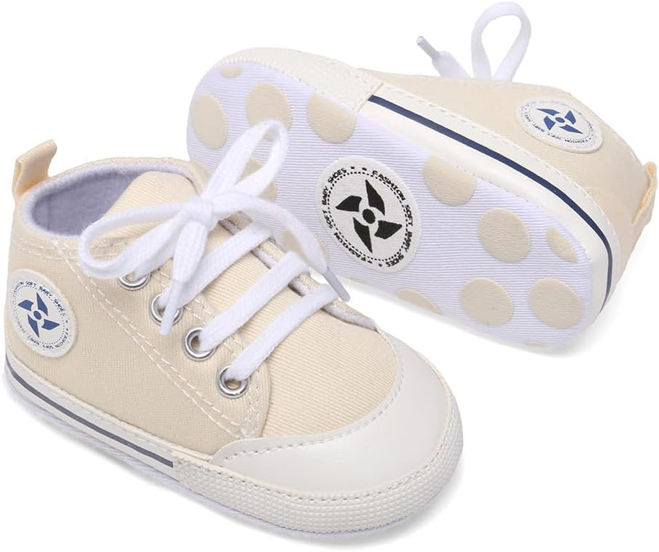Adorable Baby Boys & Girls Star High Top Sneakers - Soft, Anti-Slip Sole for Newborns & Infants - Stylish Canvas Denim First Walkers (11Cm, A-Beige, 0 Months)