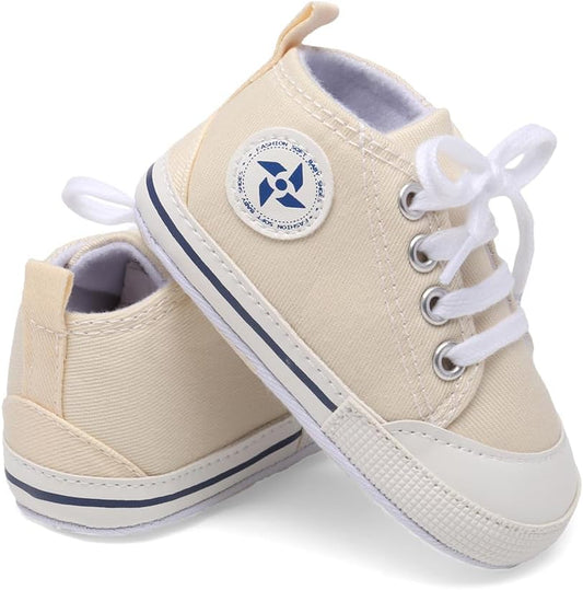 Adorable Baby Boys & Girls Star High Top Sneakers - Soft, Anti-Slip Sole for Newborns & Infants - Stylish Canvas Denim First Walkers (11Cm, A-Beige, 0 Months)