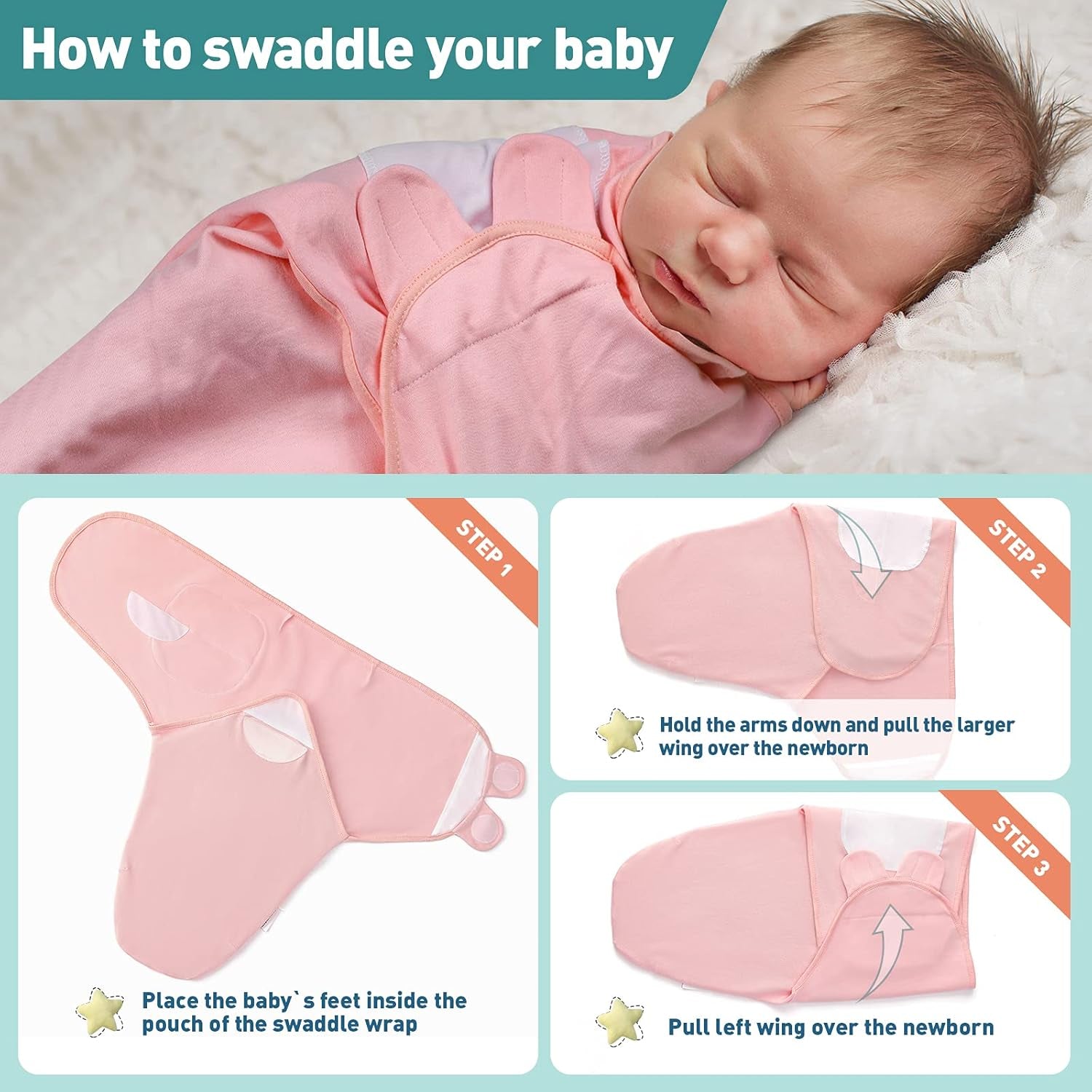 Soft Swaddle Sleep Sacks for Baby Girls - 3 Pack Adjustable Wraps in Cute Feather & Wave Print. Perfect for Newborns 0-3 Months