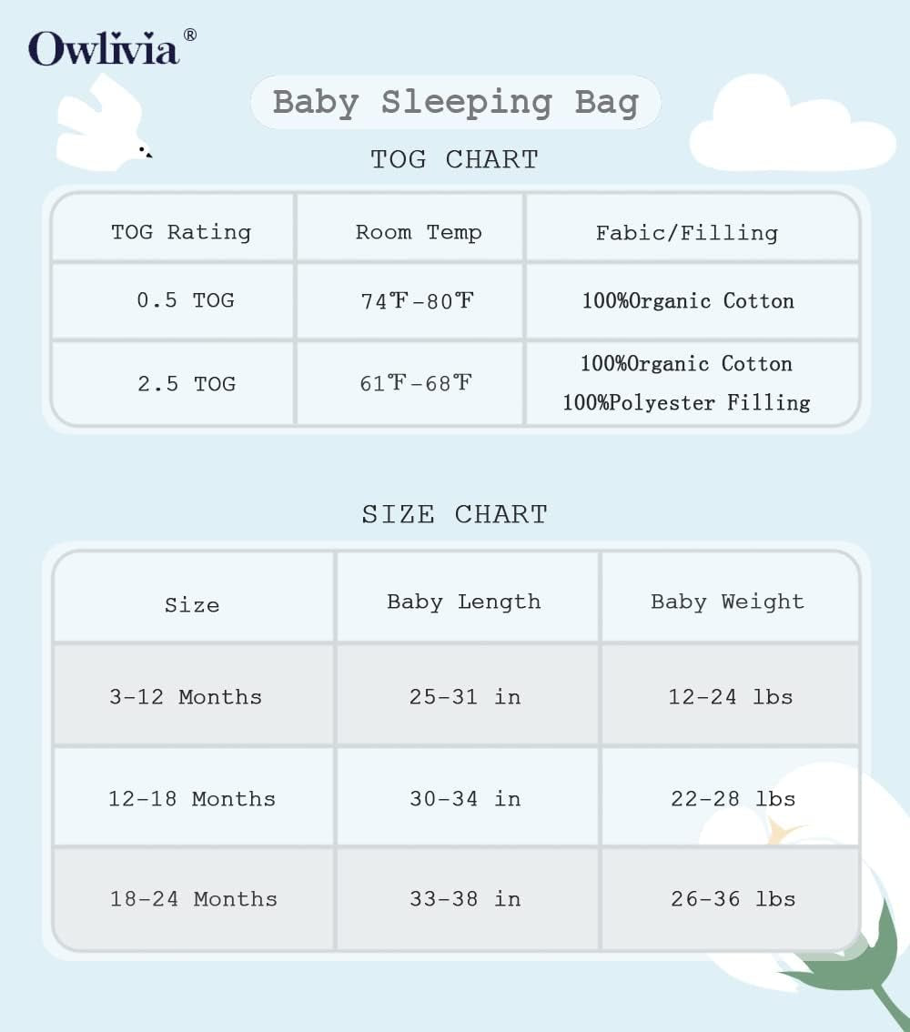 Owliwia Organic Cotton Sleep Sack - Lightweight 0.5 TOG Wearable Blanket With 2 - Way Zipper for Baby's All - Night Comfort.