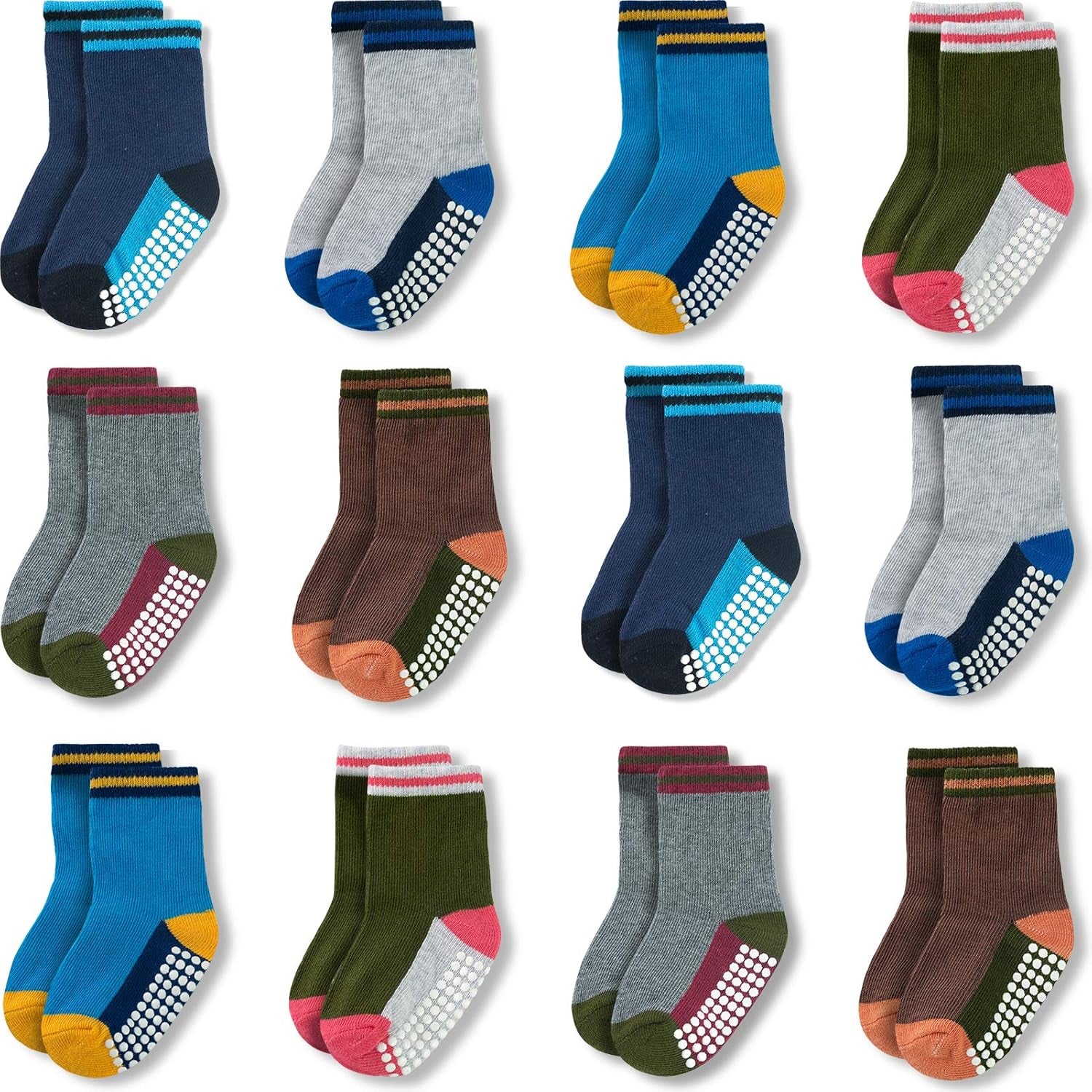 12 Pack Non-Slip Cotton Crew Socks for Infants and Toddlers - Perfect for Boys and Girls!