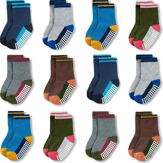 12 Pack Non-Slip Cotton Crew Socks for Infants and Toddlers - Perfect for Boys and Girls!
