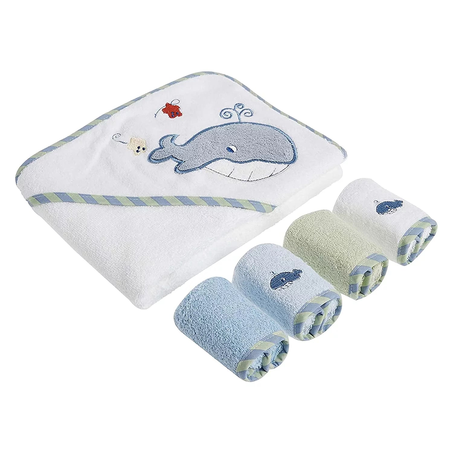 Luxurious Baby Cotton Terry Hooded Towel & Washcloth Set - 5 Piece Bath Essentials in Adorable Blue Whale Design for Newborns and Infants