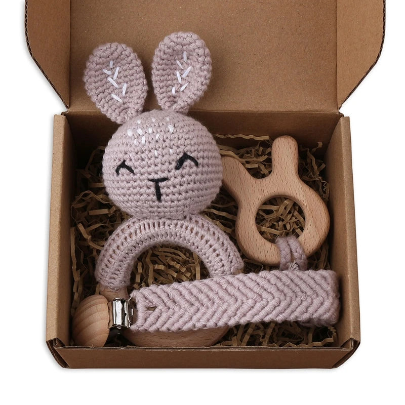 Handmade Crochet Bunny Teether Set- 3PCS Soft & Safe/Natural Beech Wood Baby Rattles