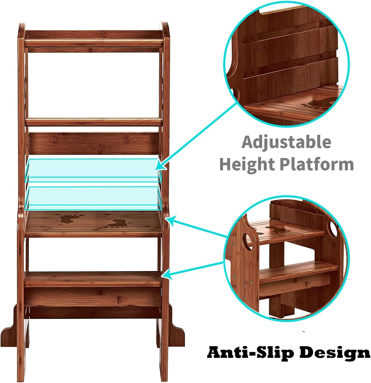 Adjustable Bamboo Step Stool for Toddlers - Safe & Sturdy Kitchen Ladder in Antique Brown
