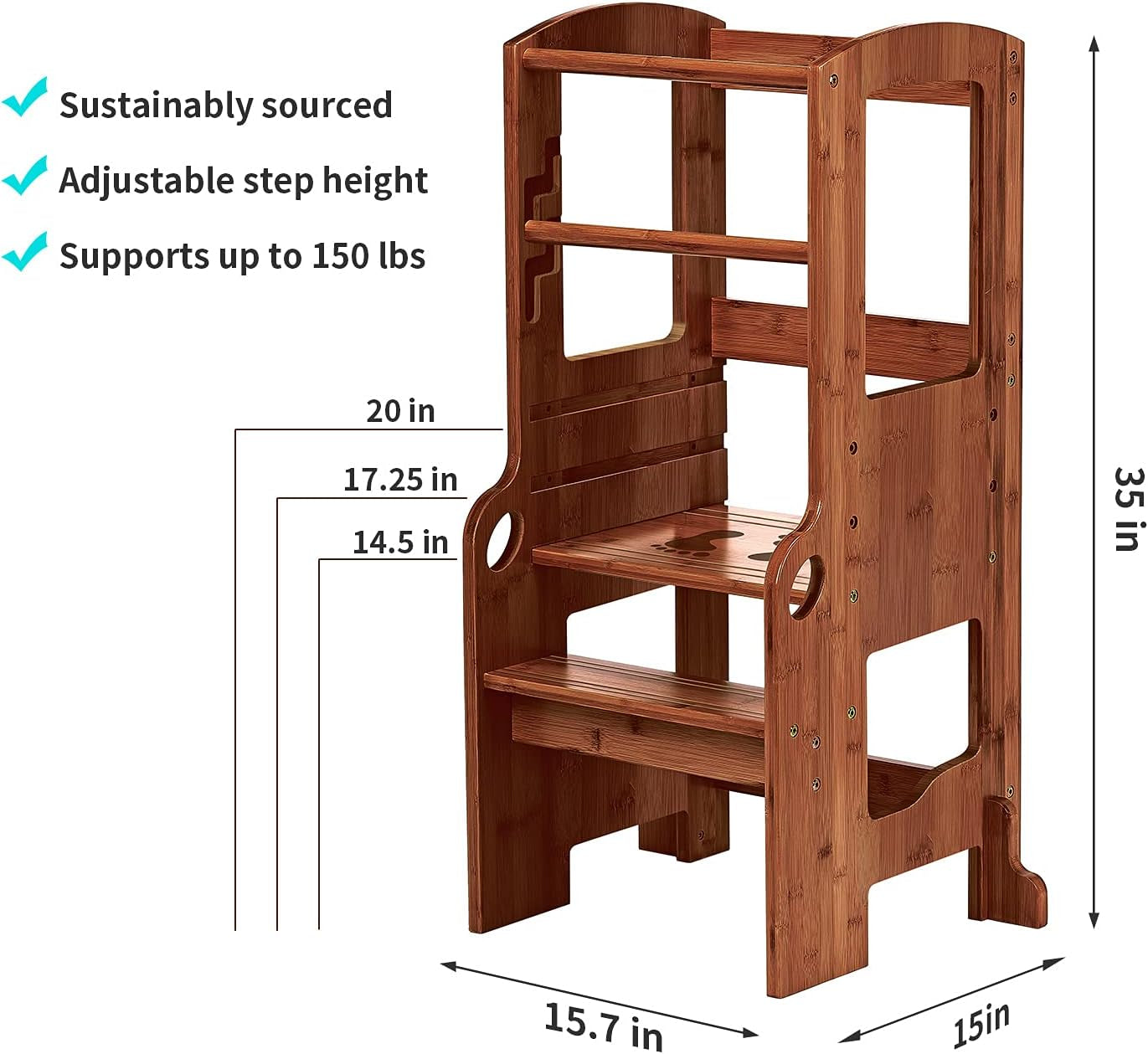 Adjustable Bamboo Step Stool for Toddlers - Safe & Sturdy Kitchen Ladder in Antique Brown