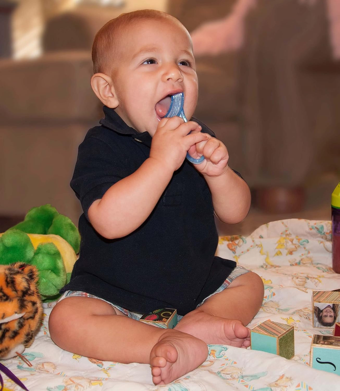 Baby’S First Toothbrush, Smooth Silicone Bristles Gently Clean Tender Teeth and Gums, for Ages 4+ Months, Blue, 1 Pack