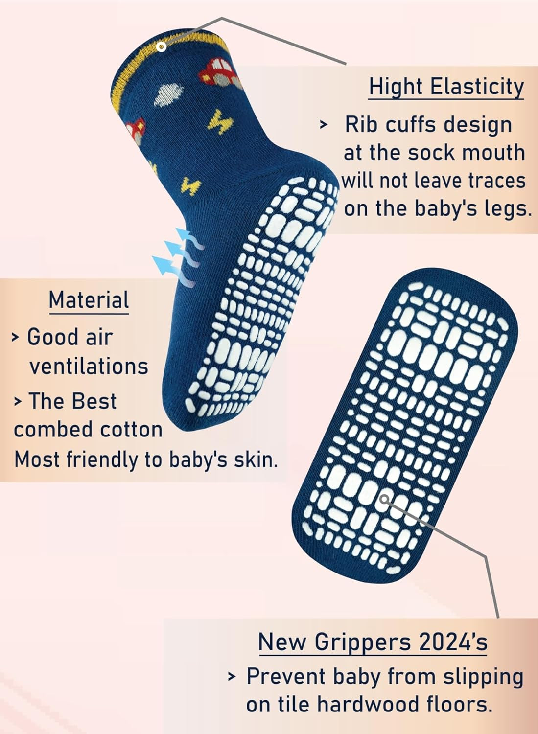 Non Skid anti Slip Crew Socks with Grips for Baby Infant Toddlers Kids Boys