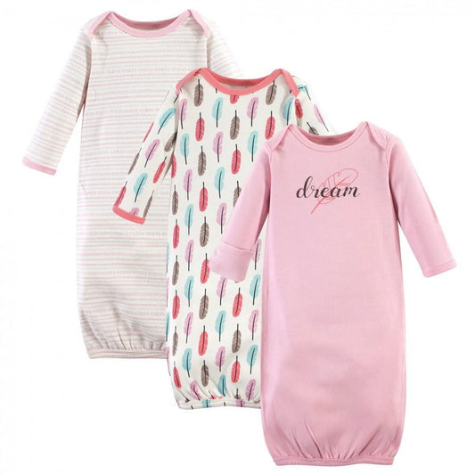 Organic Cotton Baby Gowns-Feather Print/Preemie-Newborn Size/Soft, Gentle, Easy Diaper Access