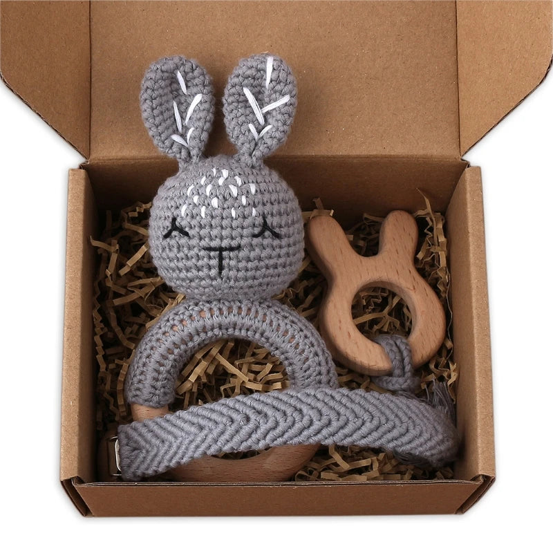 Handmade Crochet Bunny Teether Set- 3PCS Soft & Safe/Natural Beech Wood Baby Rattles