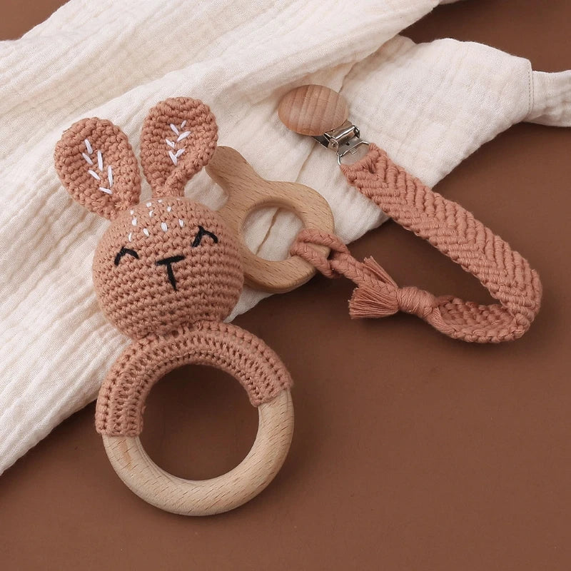 Handmade Crochet Bunny Teether Set- 3PCS Soft & Safe/Natural Beech Wood Baby Rattles