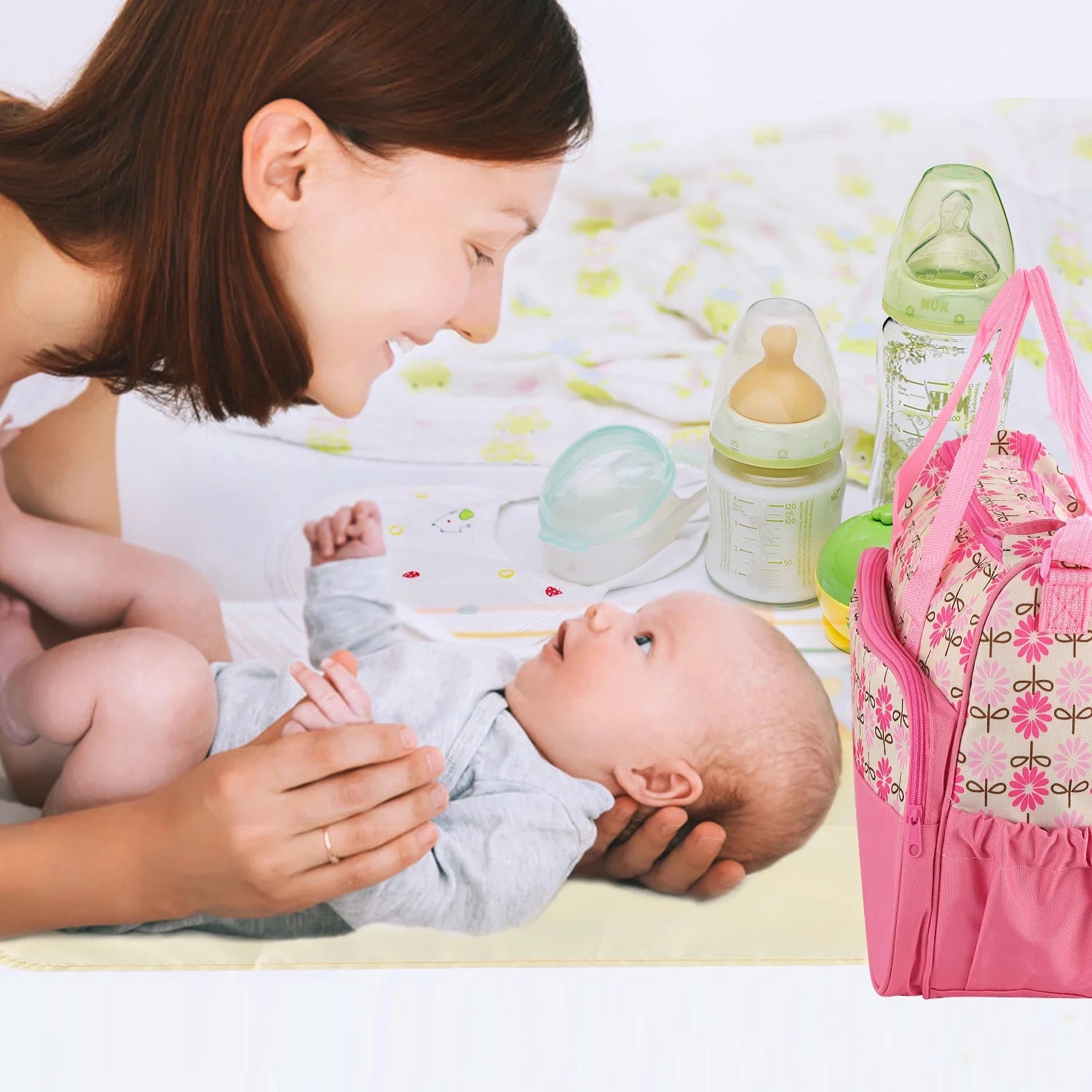 Imountek Stylish Baby Diaper Tote Set - 5 Piece Insulated Nappy Messenger Bag with Handbag & Food/Bottle Bag in Pink