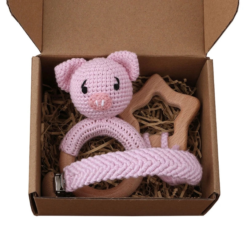 Handmade Crochet Bunny Teether Set- 3PCS Soft & Safe/Natural Beech Wood Baby Rattles