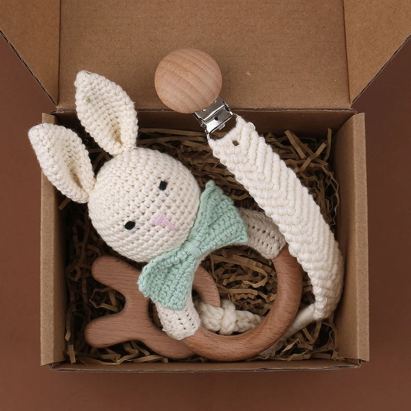 Handmade Crochet Bunny Teether Set- 3PCS Soft & Safe/Natural Beech Wood Baby Rattles