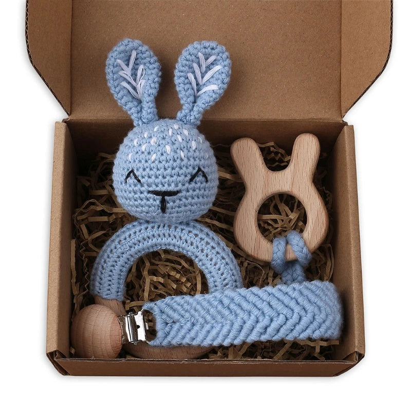 Handmade Crochet Bunny Teether Set- 3PCS Soft & Safe/Natural Beech Wood Baby Rattles