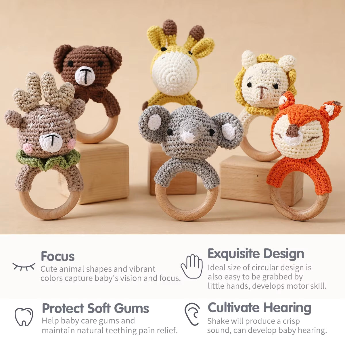 Handmade Crochet Animal Rattle- Soft Wooden Baby Teether Toy (multiple Style)