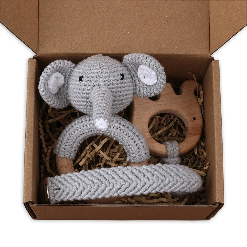 Handmade Crochet Bunny Teether Set- 3PCS Soft & Safe/Natural Beech Wood Baby Rattles