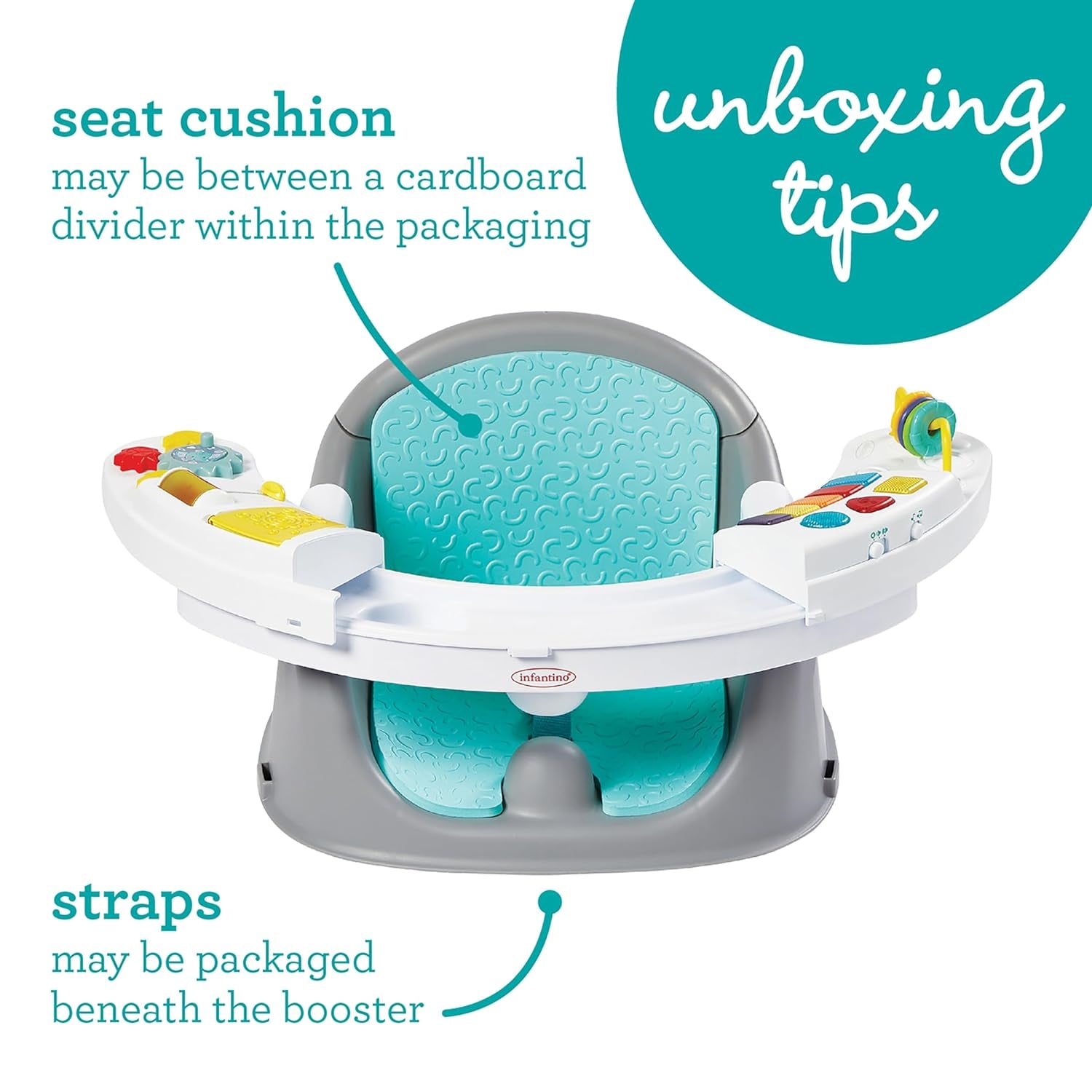 Music & Lights 3-In-1 Discovery Seat & Booster, Toddler Booster Seat for Dining Table or Kitchen Chair, Baby Activity Center & Snack Tray, Teal