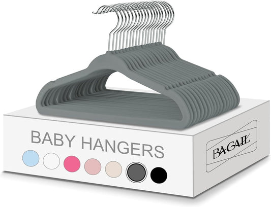 BAGAIL 50-Pack Kids Velvet Non-Slip Hangers - Perfect 11-Inch Size for Infants and Toddlers (Grey)