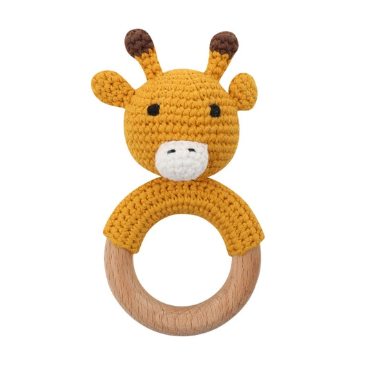 Handmade Crochet Bunny Teether Set- 3PCS Soft & Safe/Natural Beech Wood Baby Rattles