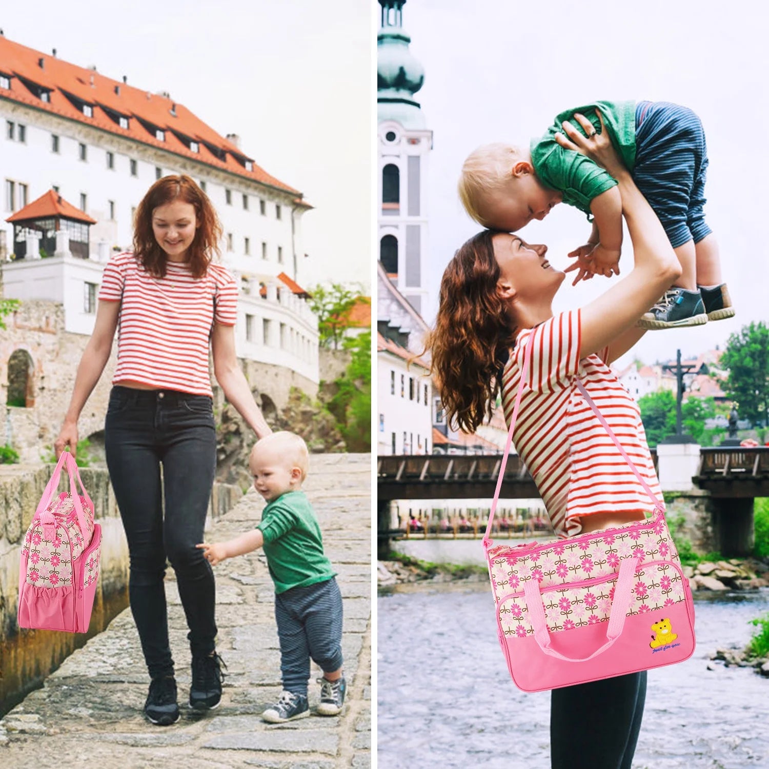 Imountek Stylish Baby Diaper Tote Set - 5 Piece Insulated Nappy Messenger Bag with Handbag & Food/Bottle Bag in Pink