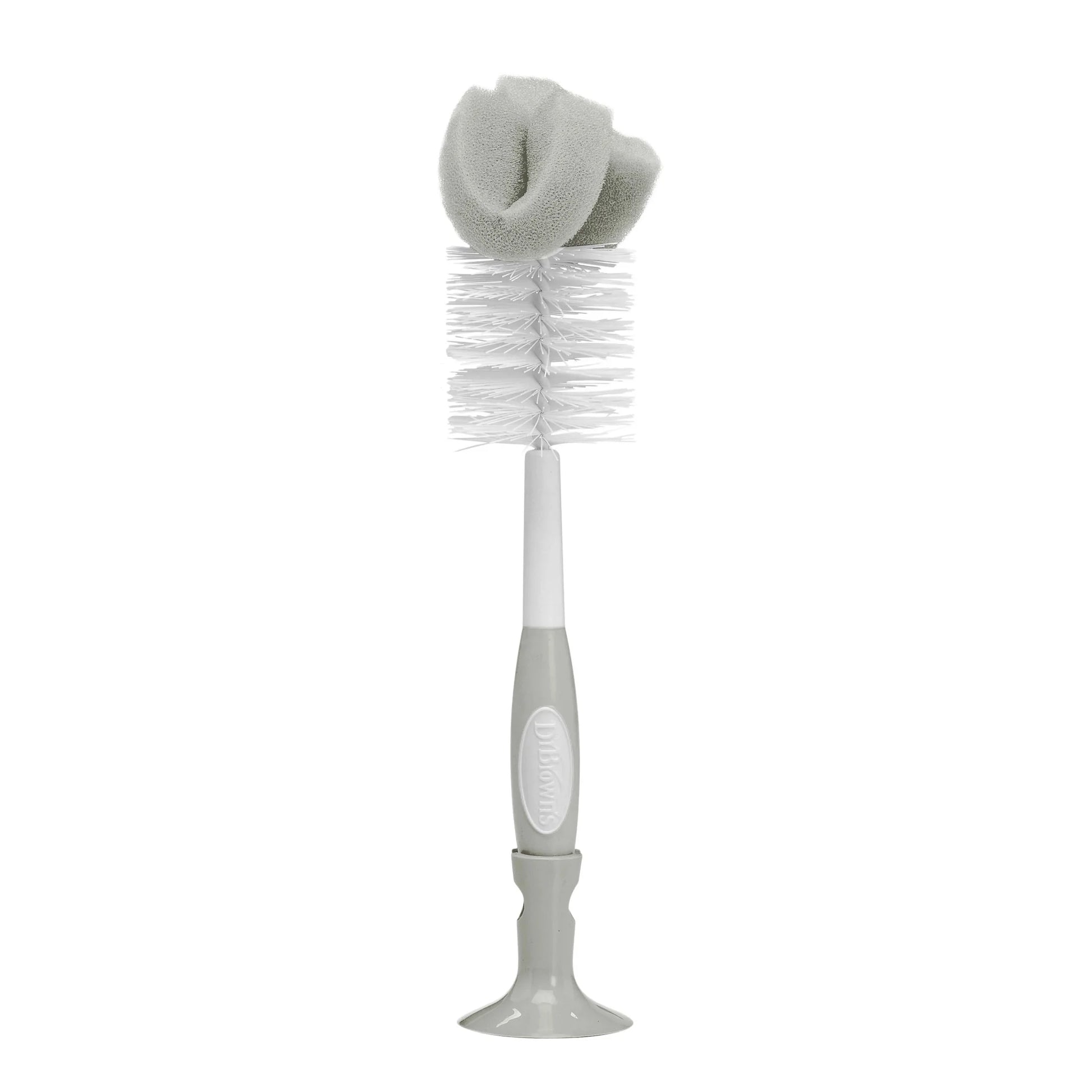 Dr. Brown's 4-in-1 Baby Bottle Cleaning Brush-Suction Stand, Sponge Brush & Nipple Cleaner (Gray)