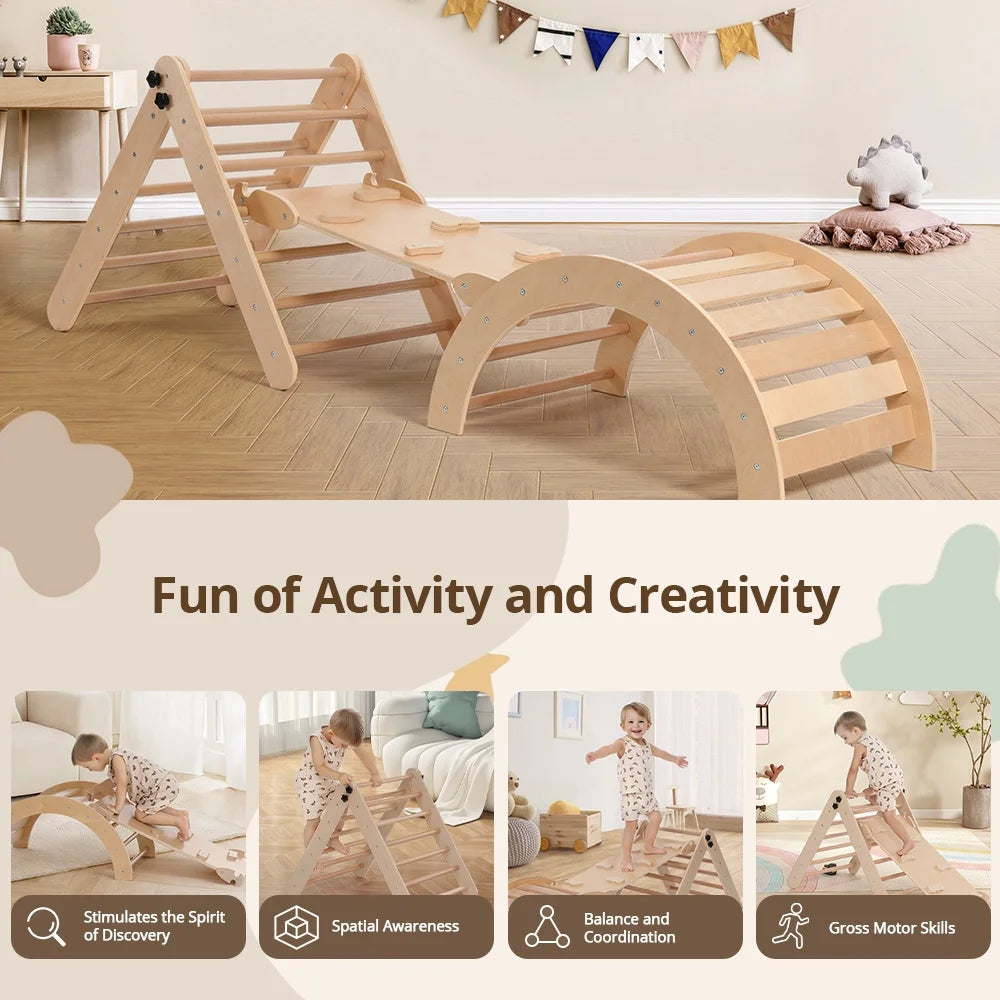 8-in-1 Montessori Climbing Set- Wooden Jungle Gym with Arch, Ramp, Ladder, Tent & Cushion 