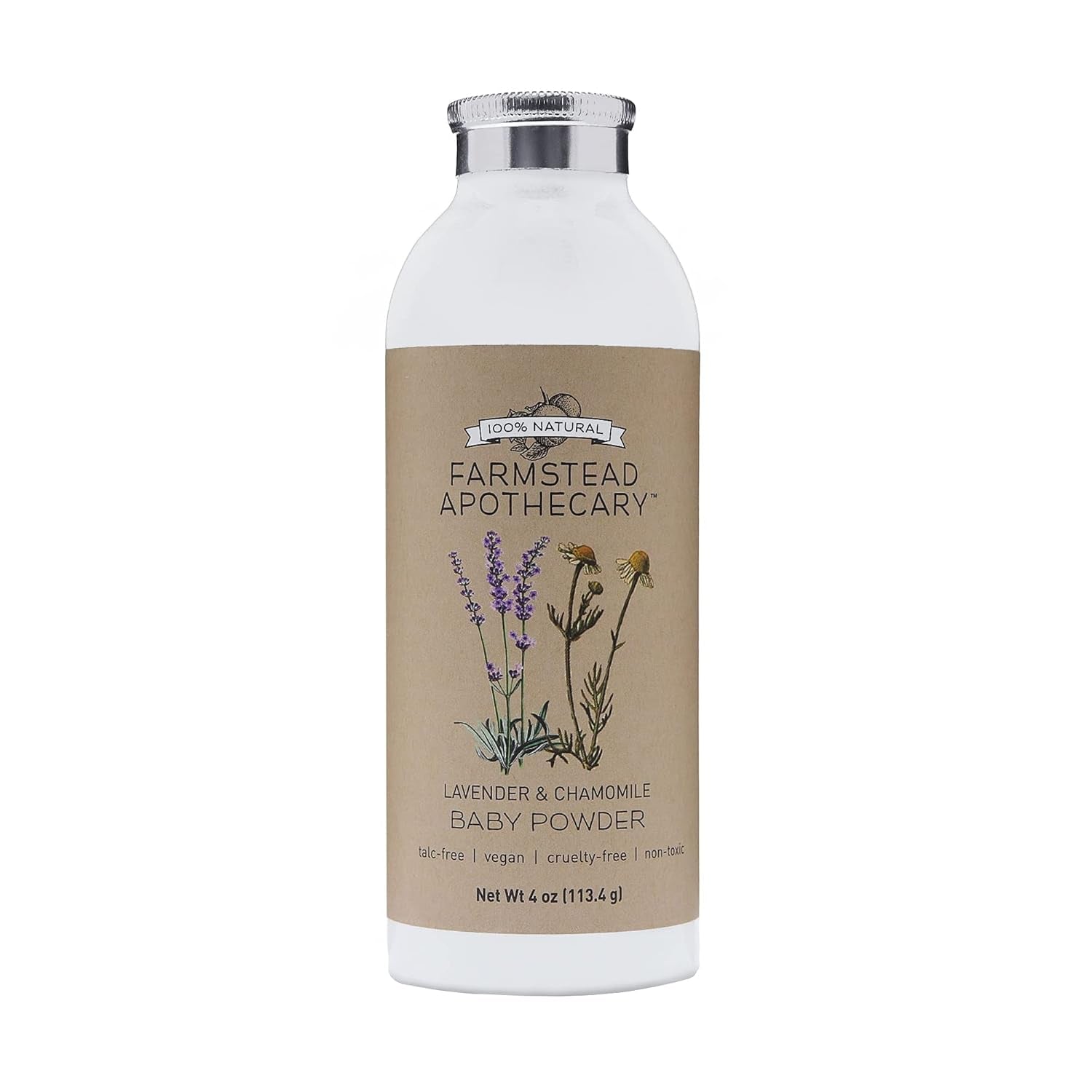 Farmstead Apothecary Natural Baby Powder - Talc-Free Formula Enriched with Chamomile, Calendula, and Lavender - 4 Oz