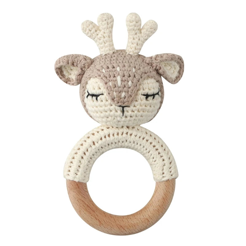 Handmade Crochet Bunny Teether Set- 3PCS Soft & Safe/Natural Beech Wood Baby Rattles