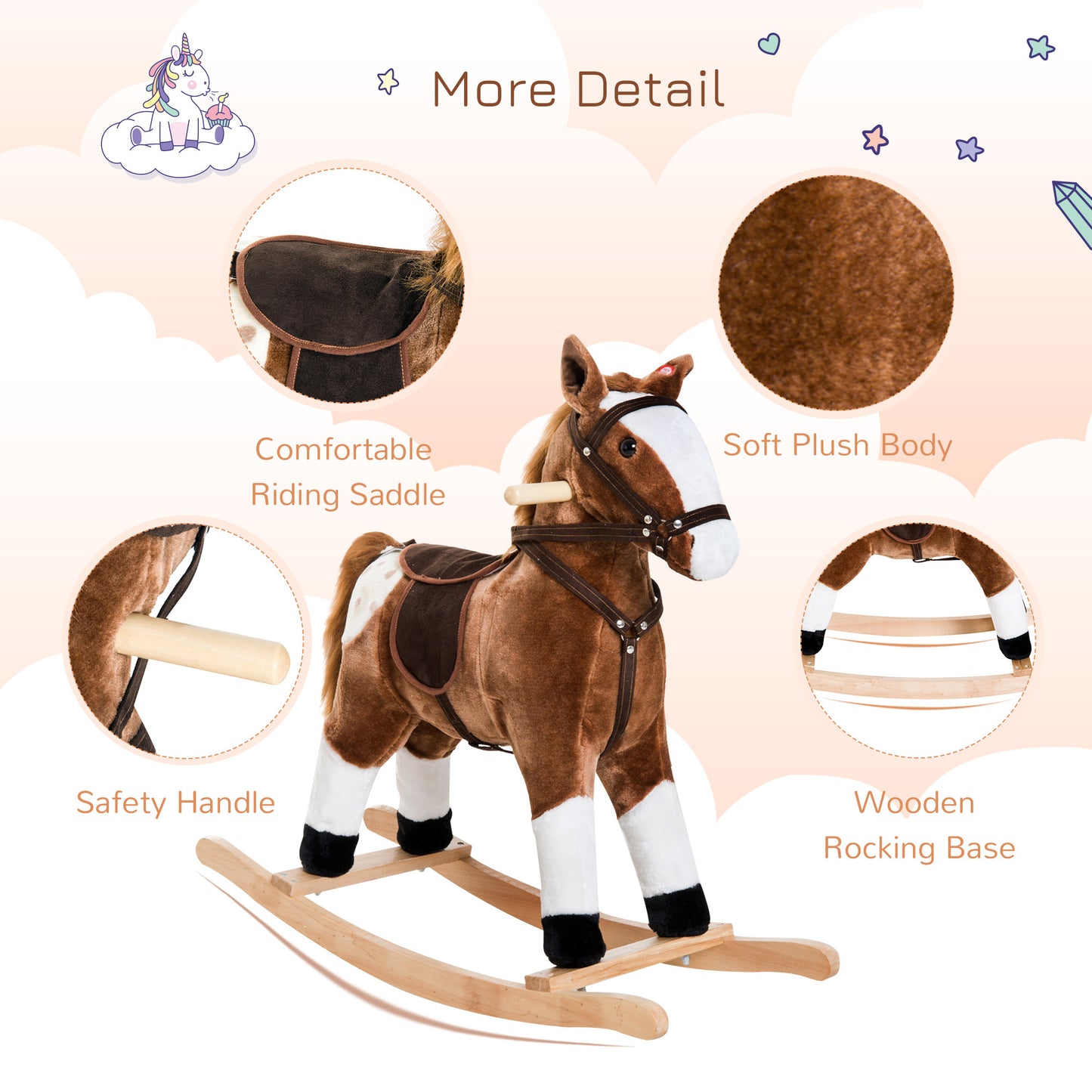Plush Rocking Horse For Kids, Brown, Realistic Sounds, Ride-On Toy For Children 3