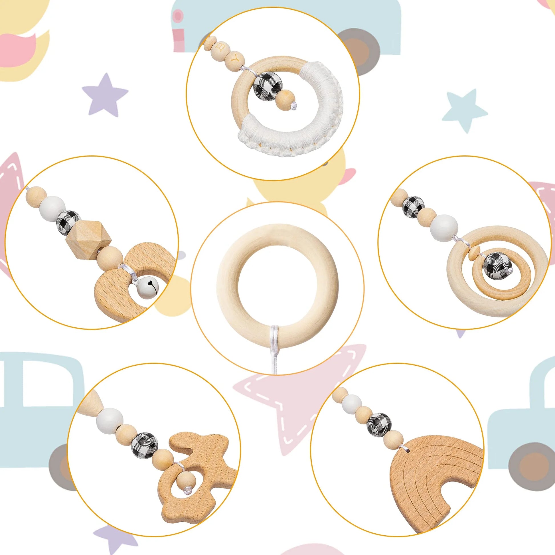 natural Wooden Baby Gym - 5 Sensory Handing Toys for Newborns & Infants