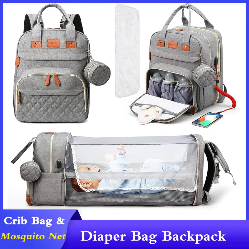 Ultimate 3-in-1 Diaper Bag Backpack: Foldable Baby Bed, Waterproof Travel Companion with USB Charging