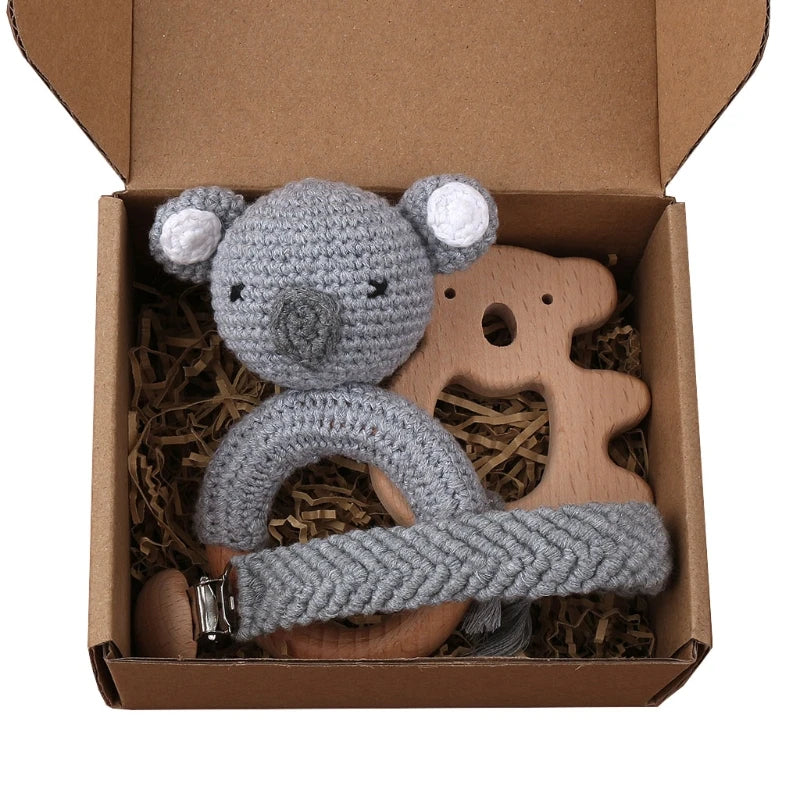Handmade Crochet Bunny Teether Set- 3PCS Soft & Safe/Natural Beech Wood Baby Rattles