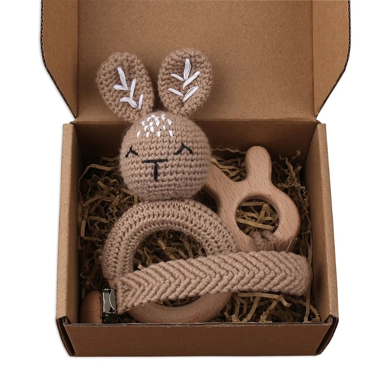 Handmade Crochet Bunny Teether Set- 3PCS Soft & Safe/Natural Beech Wood Baby Rattles