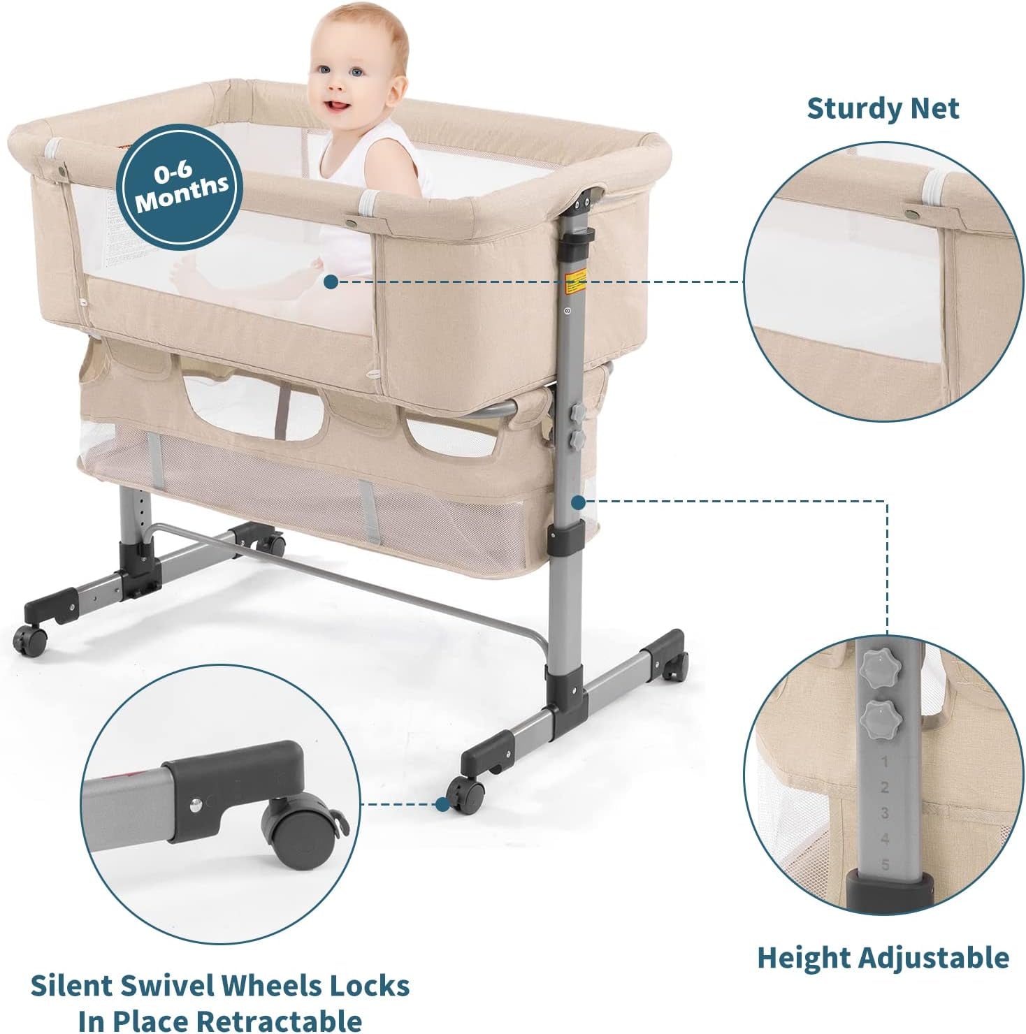Discover the Ultimate 3-in-1 Bedside Crib for Newborns - Portable, Adjustable, and Stylish in Deep Khaki with Mosquito Net