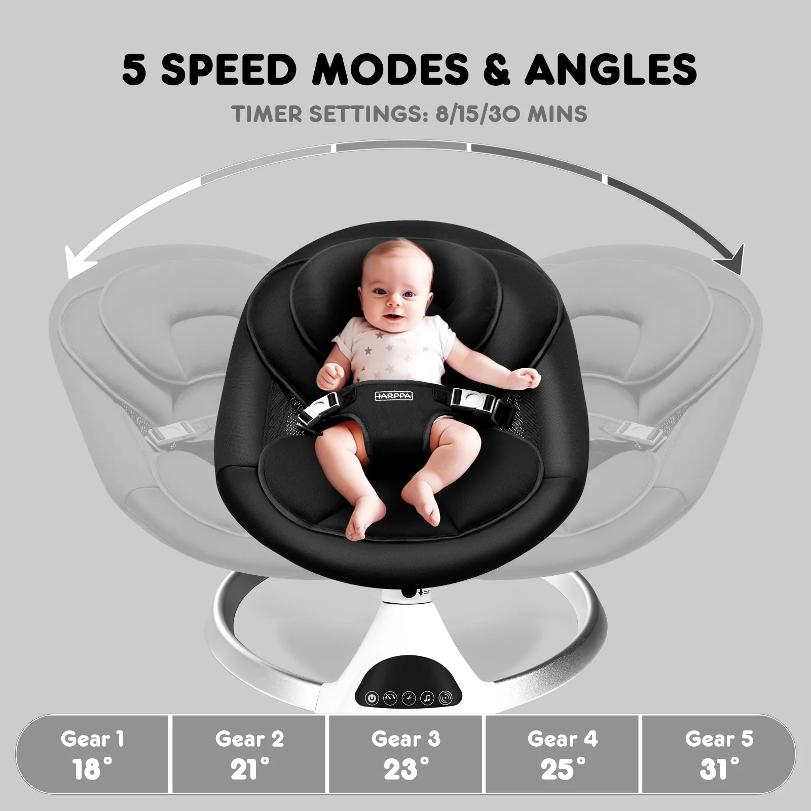 HARPPA Electric Baby Swing - 5 Speeds Rocker with Remote control & Bluetooth Music (Black)