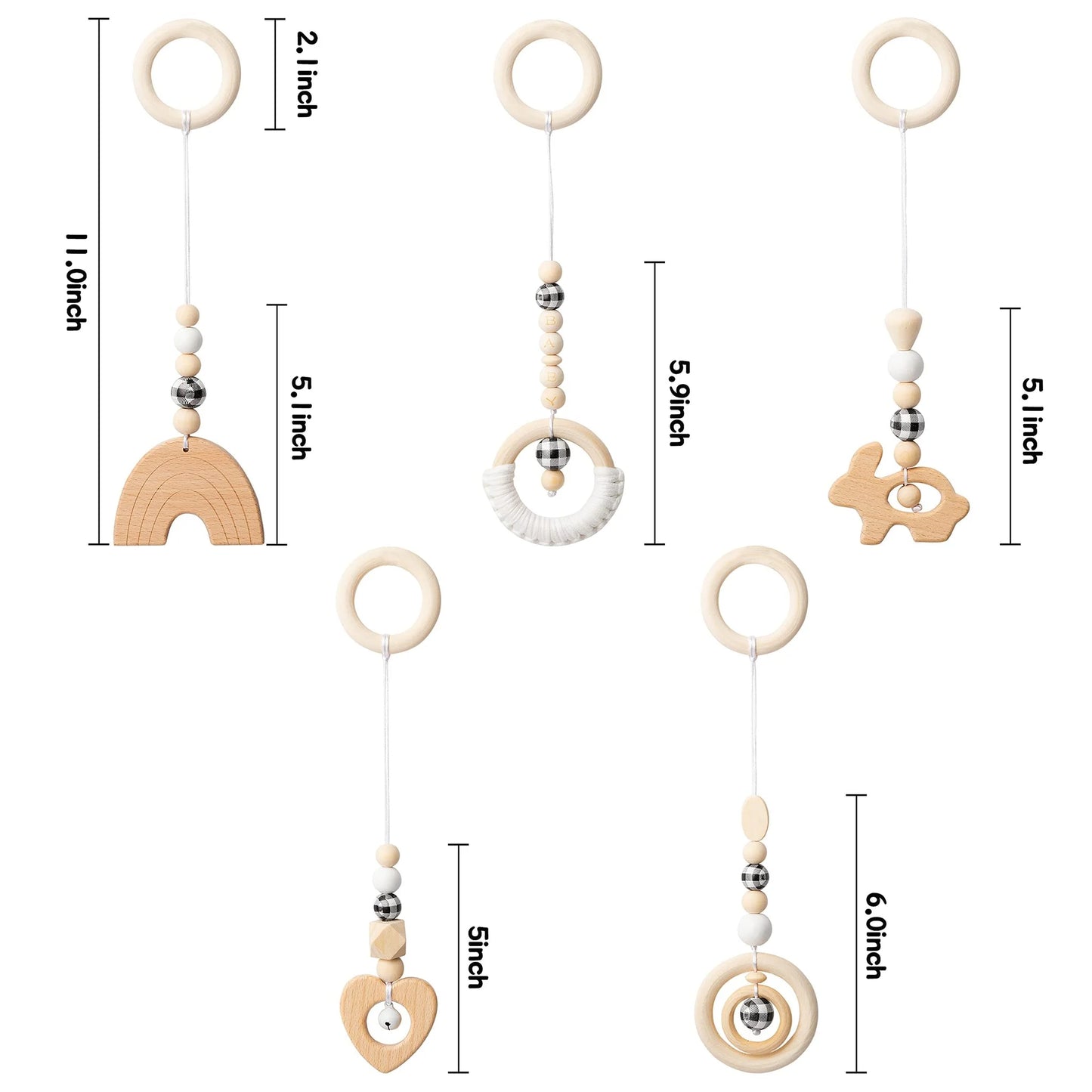 natural Wooden Baby Gym - 5 Sensory Handing Toys for Newborns & Infants