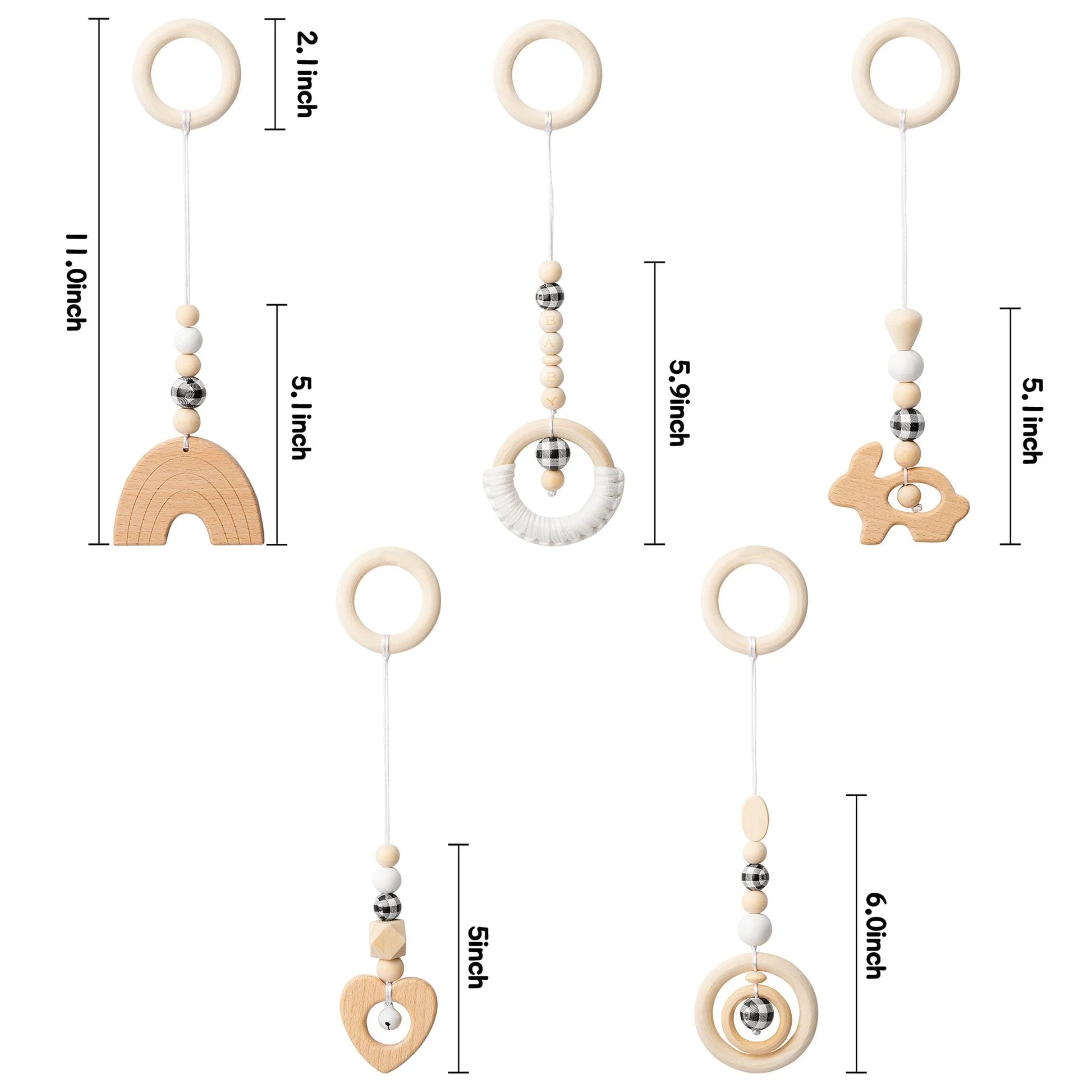 natural Wooden Baby Gym - 5 Sensory Handing Toys for Newborns & Infants