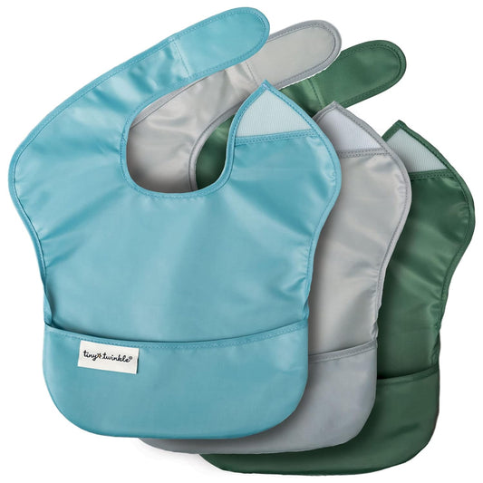 Mess-Free Mealtime: Tiny Twinkle Waterproof Baby Bibs - 3 Pack (Slate & Olive) - Travel-Friendly & Safe for Your Toddler!