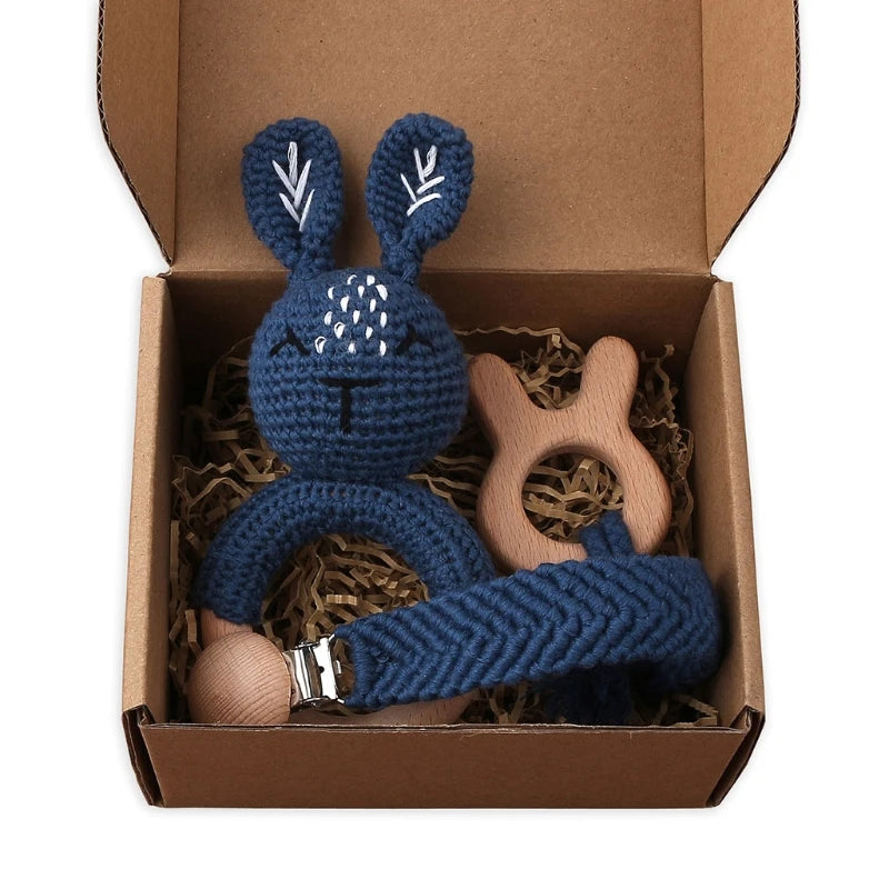 Handmade Crochet Bunny Teether Set- 3PCS Soft & Safe/Natural Beech Wood Baby Rattles