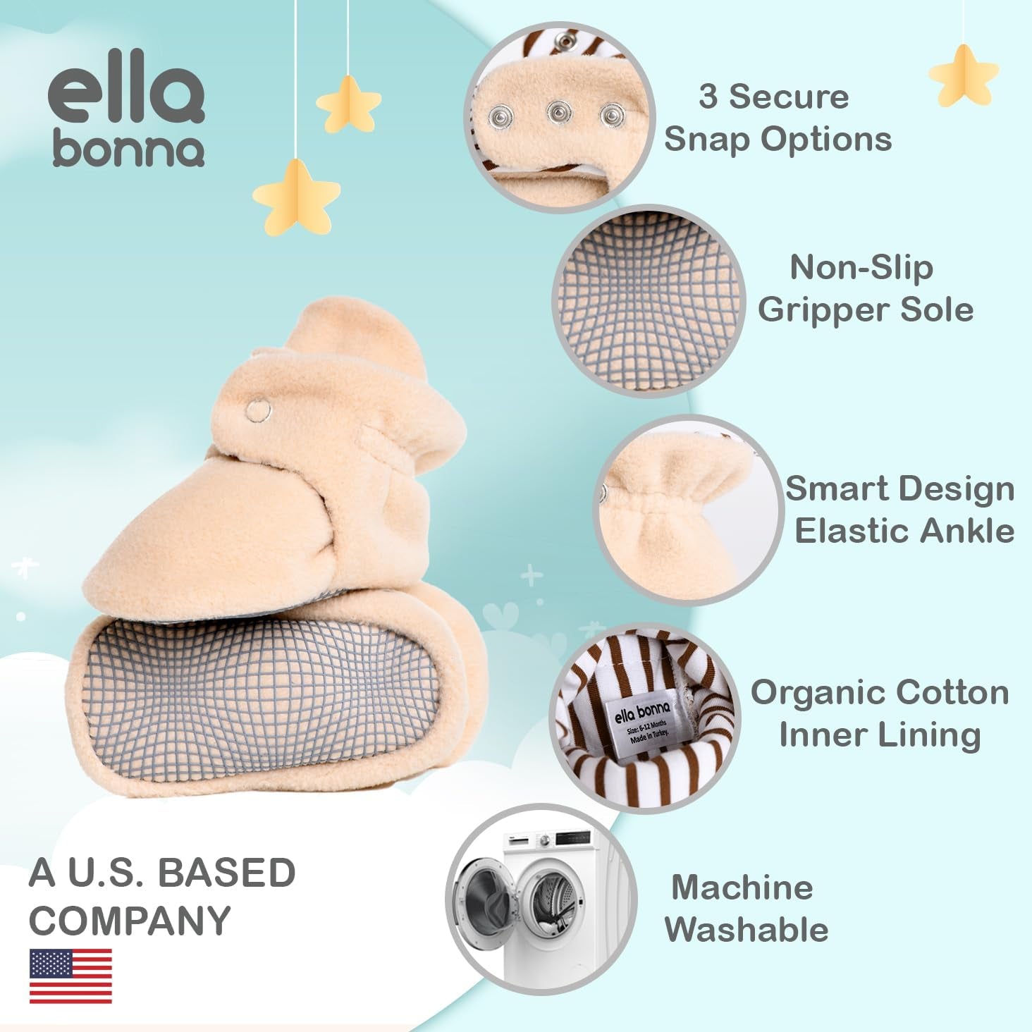Premium Organic Fleece Baby Booties - Snap Closure, Non - Slip, Adjustable Fit (0 - 36 M).
