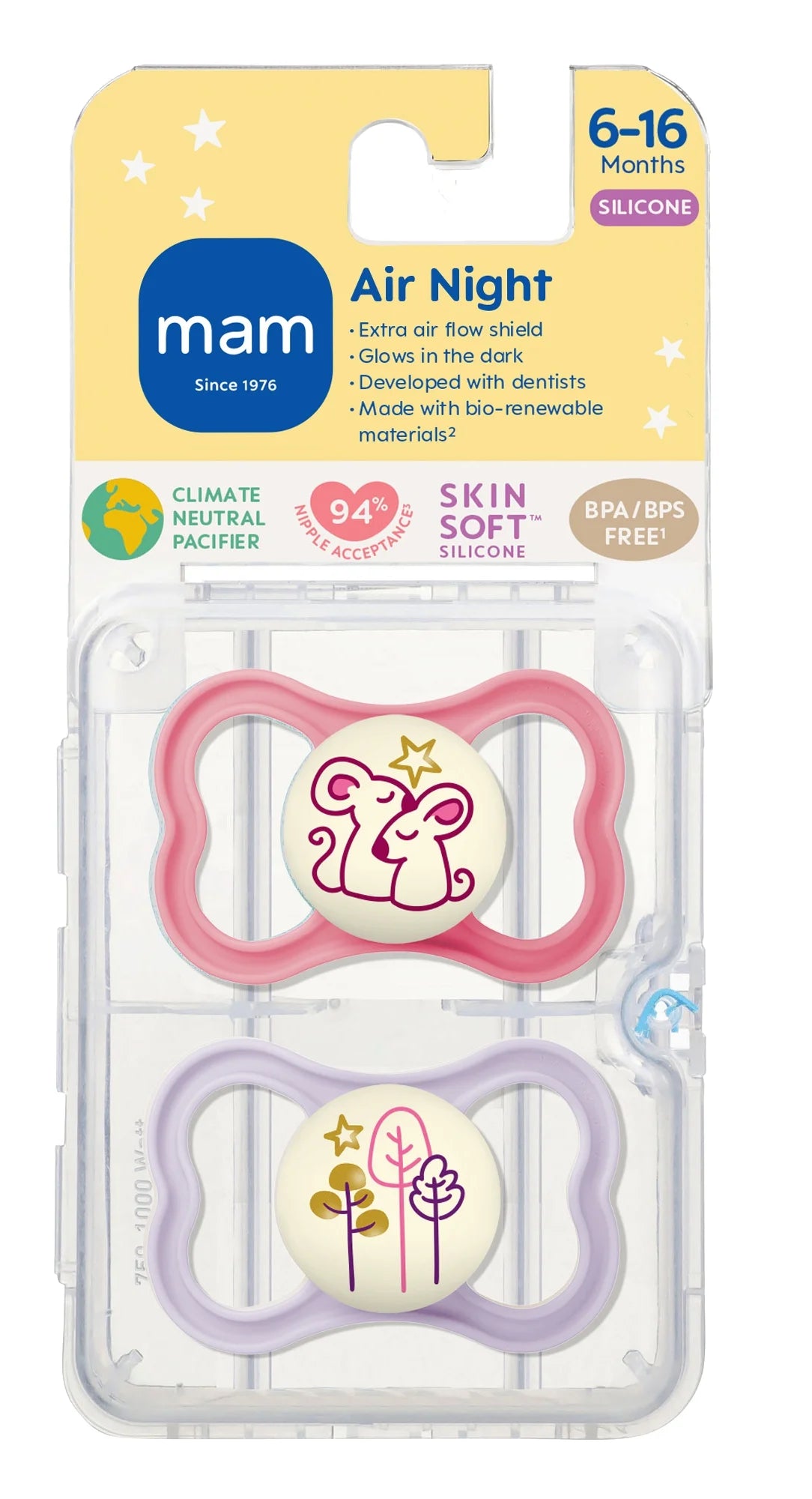 MAM Air Night Pacifier for Girls, 6+ Months - 2 Pack for Peaceful Sleep