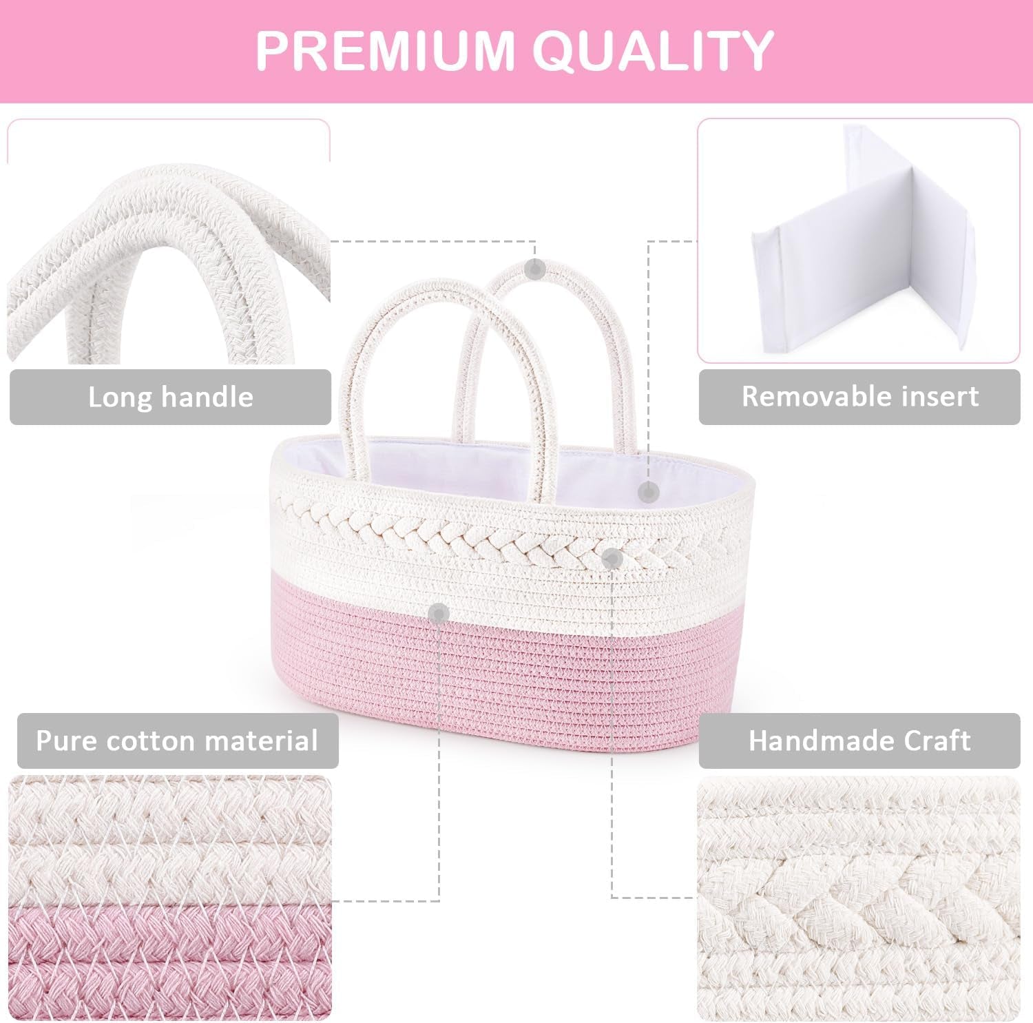 Diaper Caddy Organizer - Cotton Rope Nursery Storage Basket for Baby Essentials, Boys & Girls Shower Gift, Changing Table Organizer, Pink