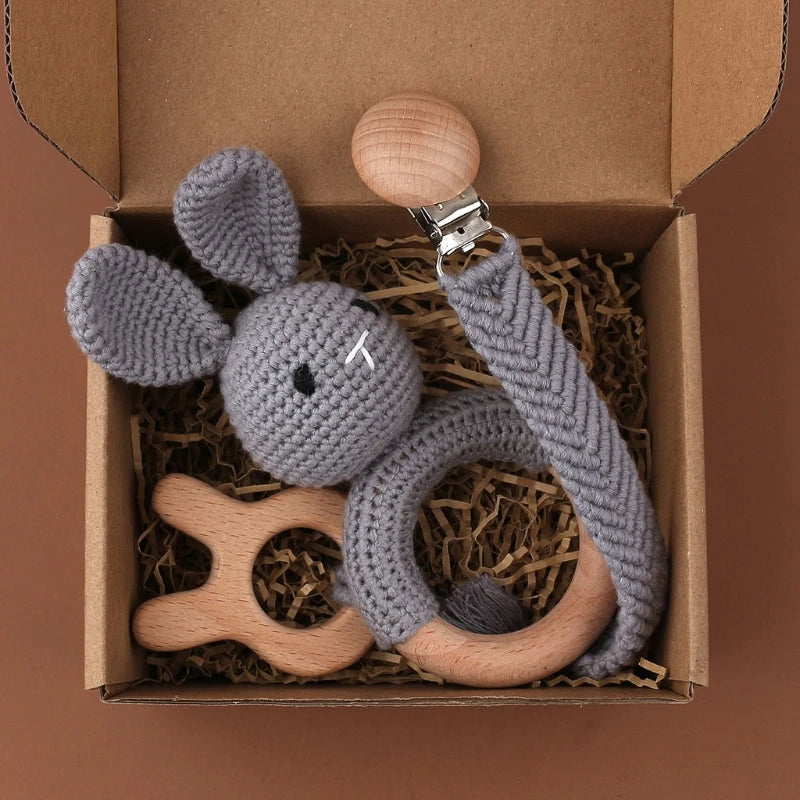 Handmade Crochet Bunny Teether Set- 3PCS Soft & Safe/Natural Beech Wood Baby Rattles