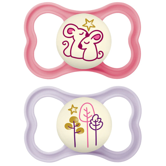 MAM Air Night Pacifier for Girls, 6+ Months - 2 Pack for Peaceful Sleep