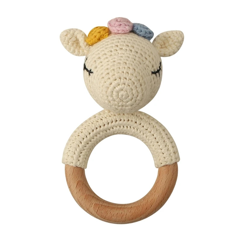 Handmade Crochet Bunny Teether Set- 3PCS Soft & Safe/Natural Beech Wood Baby Rattles