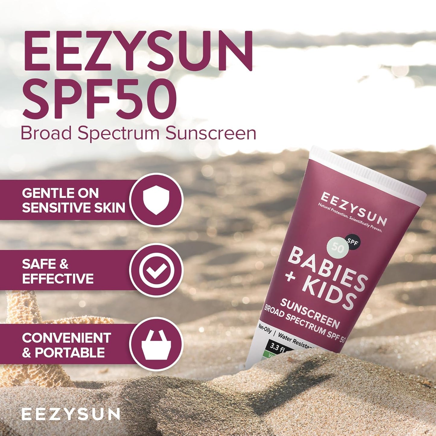 Gentle SPF 50 Mineral Sunscreen for Babies & Kids | Aloe Vera | Sensitive Skin Approved | Sweat & Water Resistant | Cruelty-Free & Reef-Safe | Travel Size - 3.3 FL OZ