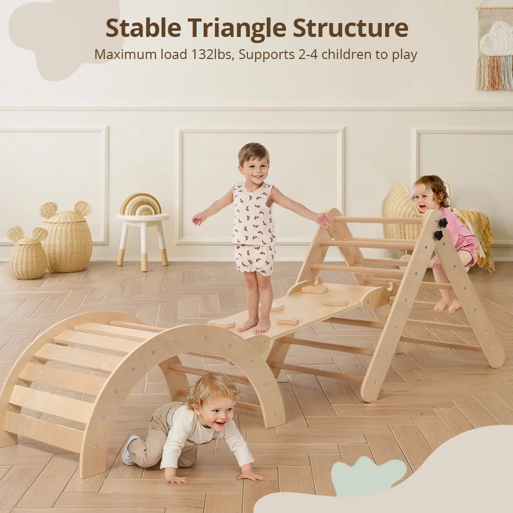 8-in-1 Montessori Climbing Set- Wooden Jungle Gym with Arch, Ramp, Ladder, Tent & Cushion 
