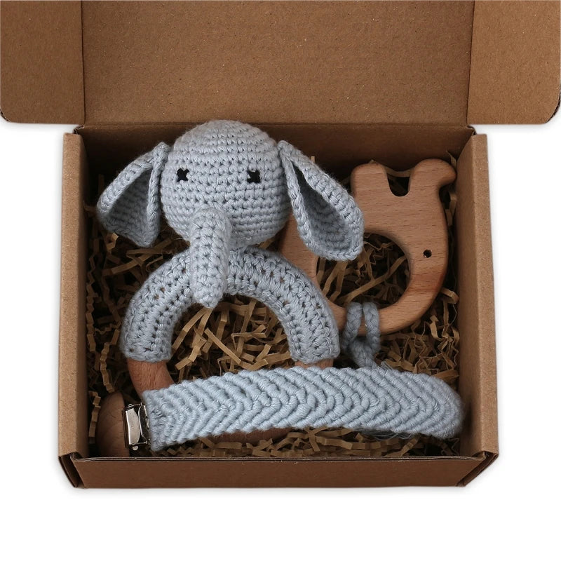 Handmade Crochet Bunny Teether Set- 3PCS Soft & Safe/Natural Beech Wood Baby Rattles